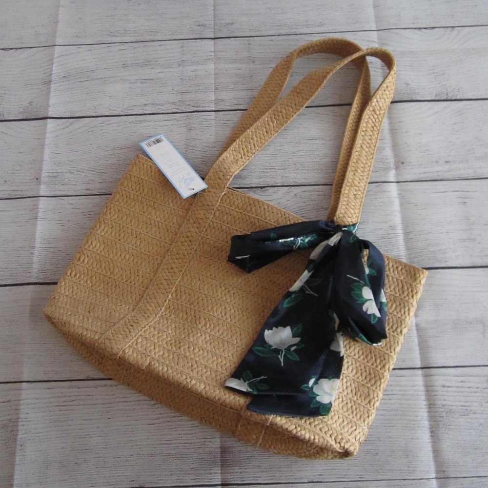 Straw Bag with Floral Scarf